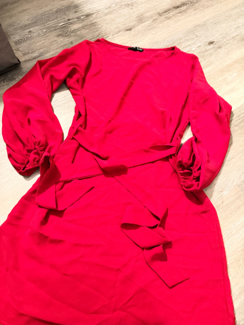 SHEIN Bright Red Long-Sleeve Tie-Waist Dress